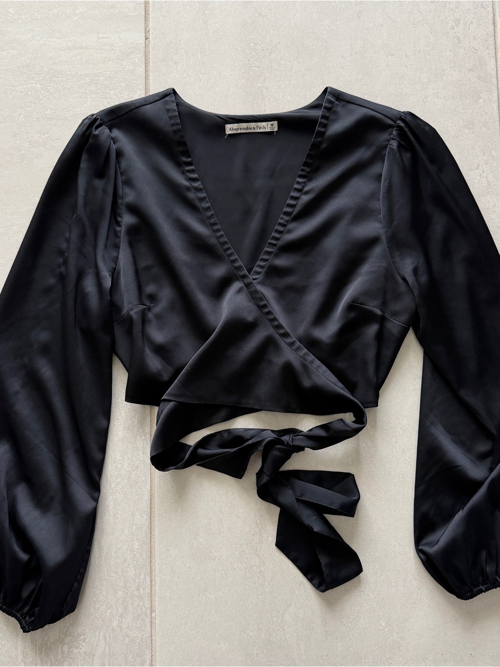 Abercrombie & Fitch Black Satin Wrap Tie-Front Blouse